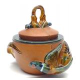 French Leather & Ceramic Pheasant Tobacco Pipe Jar