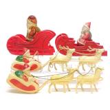 4 Vintage Celluloid Santa on Sleigh Christmas Toys