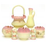 7 Fenton Burmese Uranium Art Glass Bowls & Basket
