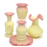 4 Fenton Burmese Uranium Glass Fairy Lamp & Vases