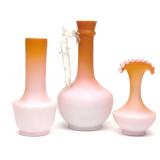 3 Victorian Peach Satin Art Glass Vases