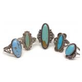 5 Sterling Silver & Turquoise Oblong Rings