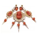 Victorian 14K Gold Carved Coral Brooch & Earrings