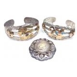 3pc 18K Gold & Sterling Silver Cuffs & Brooch