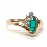 14K Yellow Gold Marquise Emerald & Diamond Ring
