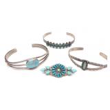 4 Sterling Silver & Turquoise Cuffs & Zuni Brooch