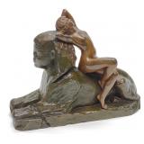 T. Herlinger Bronze Nude Woman on Sphinx Sculpture