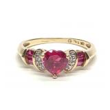 10K Gold Lab Ruby & Diamond Heart Ring (sz 7)