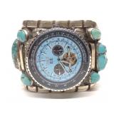 Turquoise & Coral Silver Plated Jaragar Cuff Watch
