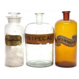 3 Large Apothecary Glass Druggist Shop Bottles