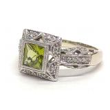 Art Deco 14K W Gold Peridot & Diamond Ring sz 7.75