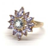 10K Gold Tanzanite & Aquamarine Cluster Ring 6.75