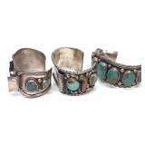 3 Native American Sterling & Turquoise Watch Cuffs