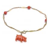 14K Gold Carved Coral Pig Chain Bracelet (7' L)