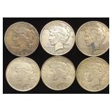 6 Peace Dollar US Coins (1922, 1923, 1935)
