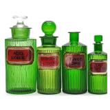 4 Green Apothecary Label Under Glass Drug Bottles