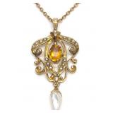 Art Nouveau 10K Gold Citrine & Seed Pearl Necklace