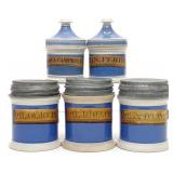 5 Antique Blue Ceramic Apothecary Pharmacy Jars