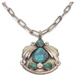 Native American Sterling & Turquoise Necklace 28'L