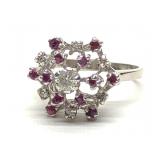 14K White Gold Diamond & Ruby Cluster Ring (sz 8)