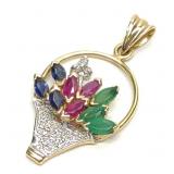 10K Sapphire Ruby Emerald & Diamond Basket Pendant
