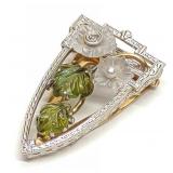 Art Deco 14K Gold Diamond & Floral Pendant Brooch