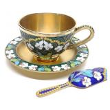 3pc Russian Silver & Cloisonne Tea Cup & Saucer