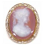 Vintage 14K Gold Carved Cameo Filigree Brooch