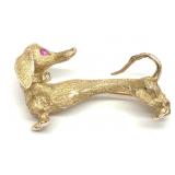 14K Gold & Ruby Dachshund Dog Brooch