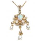 Edwardian 14K Gold Opal & Seed Pearl Necklace