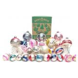 30 Vintage Striped Glass Christmas Ornaments & Box