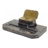 Art Deco Portoro Marble & Brass Inkstand