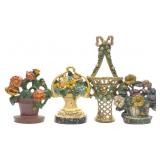 4 Vintage Cast Iron Flower Basket Doorstops
