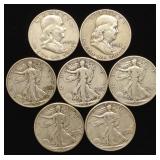 7 Walking Liberty & Franklin Half Dollar US Coins