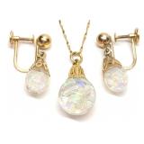 14K Gold Floating Opal Pendant Necklace & Earrings