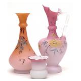 3 Victorian Pink & Peach Satin Cased Glass Vases