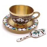 3pc Russian Silver & Cloisonne Tea Cup & Saucer