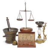 Antique Apothecary Scale, Mortar Pestle, Vapo Lamp
