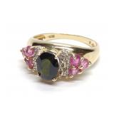 10K Gold Green & Pink Tourmaline Diamond Ring sz 9