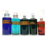 5 Apothecary Painted Label Glass Pharmacy Bottles