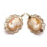 Pr of 14K Yellow Gold Caved Cameo Drop Earrings