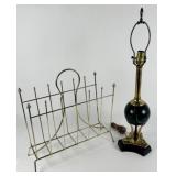 BRASS MAGAZINE STAND WITH TABLE LAMP