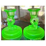 TIFFIN URANIUM VASELINE GLASS CANDLESTANDS