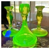 TRIO OF URANIUM VASELINE GLASS CANDLESTANDS