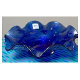 LE SMITH BLUE CARNIVAL GLASS BOWL
