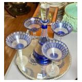 COBALT CUT TO CLEAR DECANTER AND STEMS