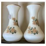PAIR SATIN GLASS VASES WITH FLORAL DESIGN