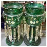 PAIR - GREEN GLASS MANTLE LUSTRES