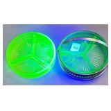 PAIR URANIUM VASELINE GLASS DIVIDED RELISH DISHES