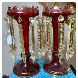 PAIR - CRANBERRY GLASS MANTLE LUSTRES